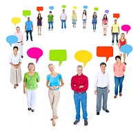 multi-ethnic group of people standing in a circle isolated on white background with speech bubbles .