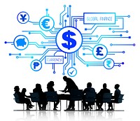 Business People in a Meeting and Global Finance Symbols Above