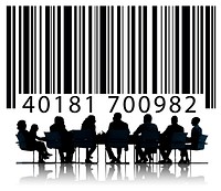 Illustration of barcode with silhouette of business people at a meeting table