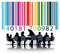 Barcode illustration with silhouette of business people at a meeting table