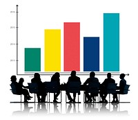 Line graph illustration with silhouette of business people at a meeting table