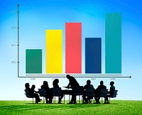 Bar graph illustration with silhouette of business people at a meeting table