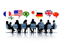 Silhouette of people in a meeting talking about different countries