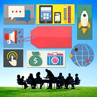 Business branding illustration with silhouette of business people at a meeting table