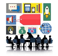Random technology illustration with silhouette of business people at a meeting table
