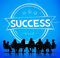 Success banner illustration with silhouette of business people at a meeting table