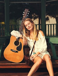 Guitar Girl Relaxation Casual Instrument Leisure Concept