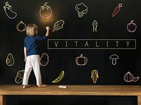 Little girl writing on blackboard about vegetable healthy food icon