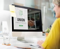 Union word on business handshake background
