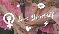 Love yourself text overlay on women wearing pink shirts