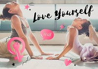 Ballet teacher and student with love yourself text overlay
