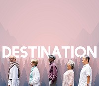 Destination word on nature background with trees