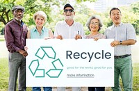 Diverse senior people hold recycle concept card