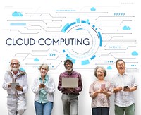 Diverse senior people on digital devices with a cloud computing graphic