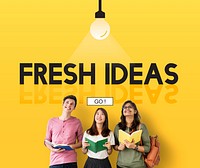 Teenagers with their books looking up at the text &#39;fresh ideas&#39;