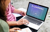 Students using laptop with book icon