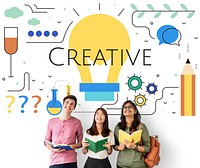 Students with Illustration of creativity ideas light bulb