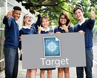 Students holding billboard network graphic overlay