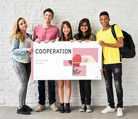 Group of students holding banner of charity donations campaign