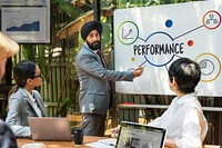 Group of workers working on white board network graphic overlay