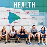 Group of people in gym clothes with health diagram the wall