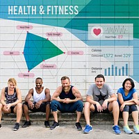 Group of people in gym clothes with a diagram on the wall