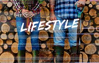 Lifestyle text overlay on a couple in front of chopped logs