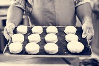 Hands Holding Dough Tray Scone Bakery Concept