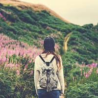 Woman Rear View Top Mountain Carefree Cloudscape Concept