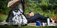 Woman Relaxation Coffee Drinks Picnic Vacation Concept