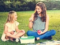 Sister Girls Talk Picnic Togetherness Outdoors Concept