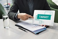 Businessman explains the goals target on digital tablet