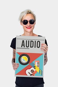 Woman holding banner of music audio passion leisure activity