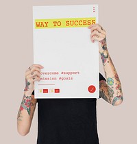 Tattooed girl holding investment startup plan marketing strategy banner