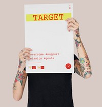 Tattooed girl holding investment startup plan marketing strategy banner