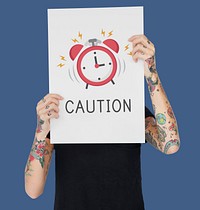 Tattoo woman holding banner of alarm clock icon notification illustration