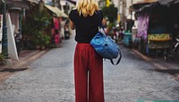 Woman Caucasian Traveler Explore Town Concept