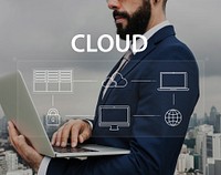 Man using laptop cloud network graphic overlay