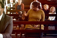 Mother Daughter Sitting Church Believe Religion