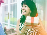 Photo Gradient Style with Woman holding a box of present with red bow