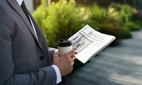 Businessmen Hands Hold Cup Read Newspaper