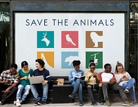 Diverse group of young people with save animals banner