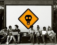 Group of Friends Sitting with Radioactivity Protection Mask Banner Behind