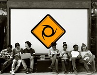Group of Friends Sitting Together with Sawblade Attention Banner Behind