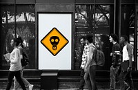 Group of People Walking with Radioactivity Protection Mask Sign Banner Behind