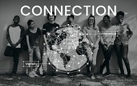 Students standing beside the wall network graphic