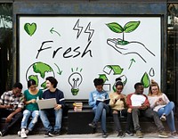 Diverse students sitting with environmental graphic background