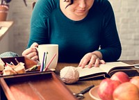 Woman Reading Relax Drinking Eating Breakfast