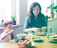 Photo Gradient Style with Mom Son Spend Time Holiday Eating Breakfast