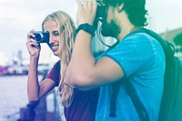 Photo Gradient Style with Couple traveling together with a camera